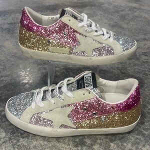 Golden Goose Pink, Silver, and Gold Glitter Sneakers